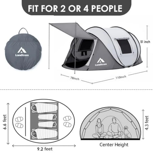 4 Person Easy Pop Up Tent 2 Doors-Instant Family Tents