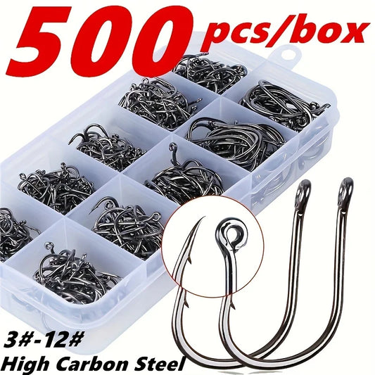 500Pcs  Fishing Hooks with Barbs – Size 3-12# Black Stainless Steel