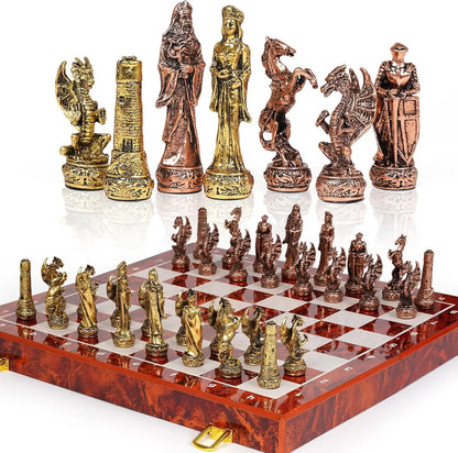 Vintage Metal Chess Set 15'' Wooden Board
