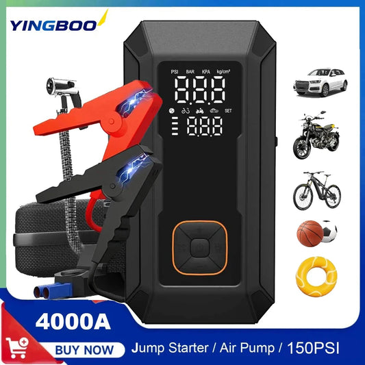 4000A Jump Starter Battery Booster 150Psi Tire Inflator LED Light