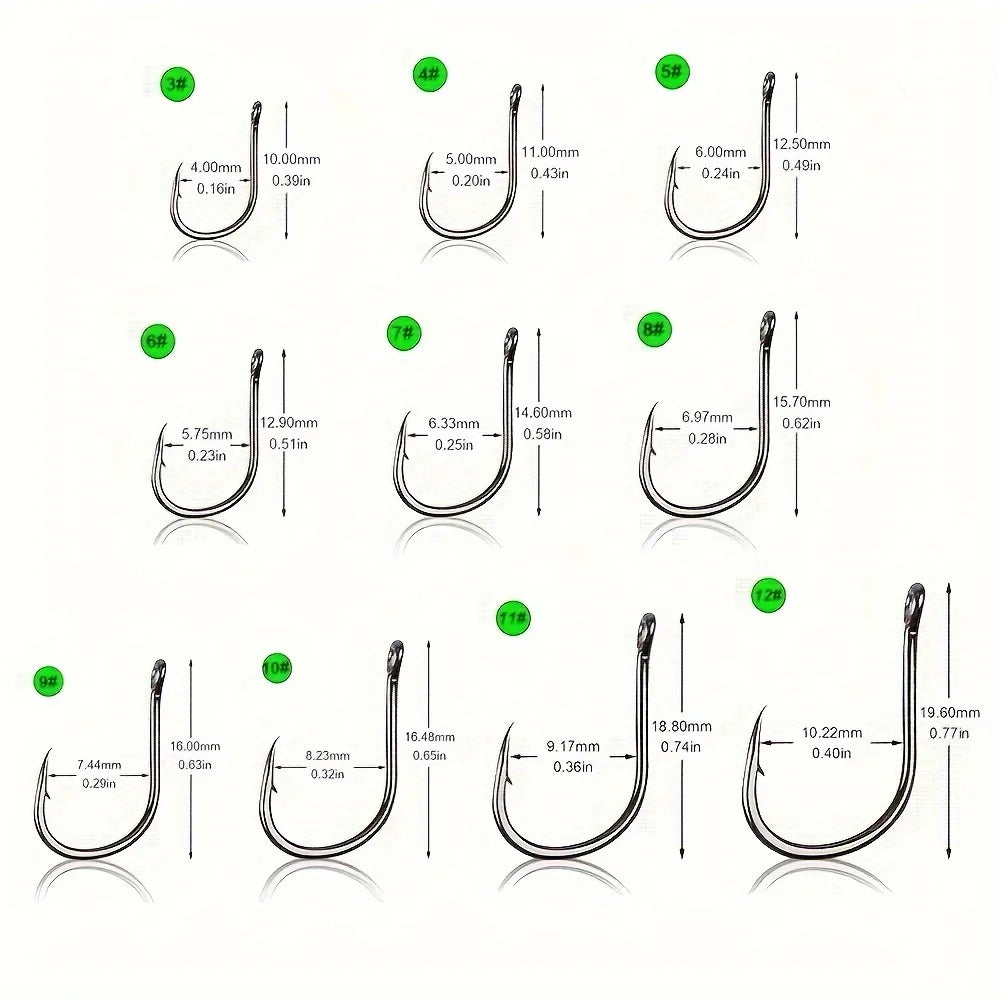 500Pcs  Fishing Hooks with Barbs – Size 3-12# Black Stainless Steel