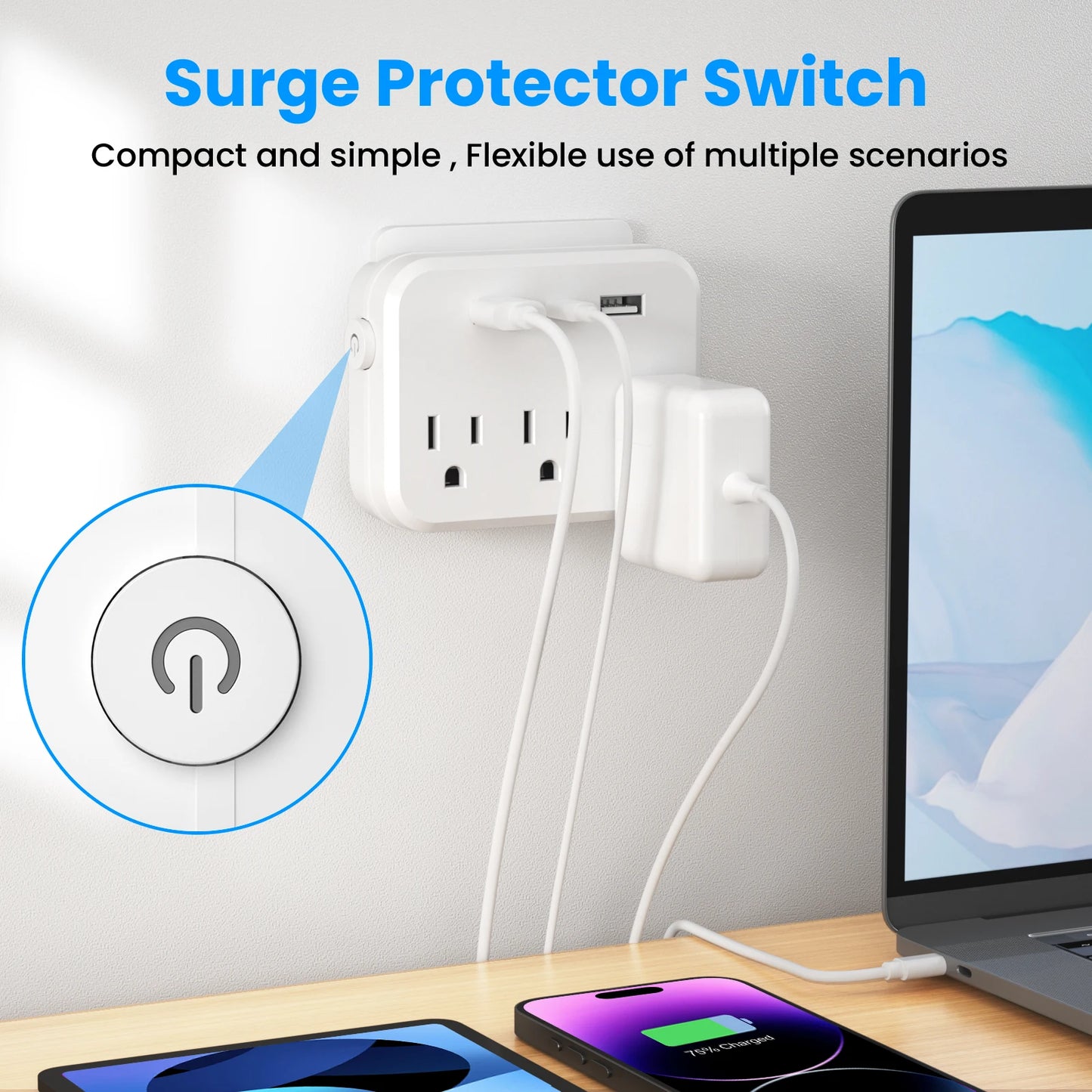 Surge protector Mini Multifunctional 3 power strip 2 USB ports 1 Type-C
