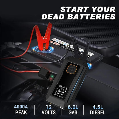 4000A Jump Starter Battery Booster 150Psi Tire Inflator LED Light